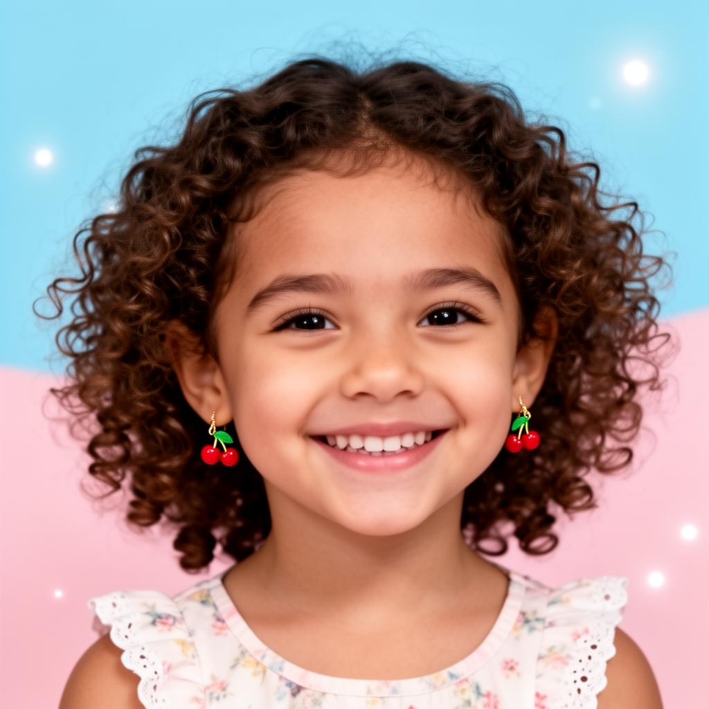 Menina com brincos de moranguinho