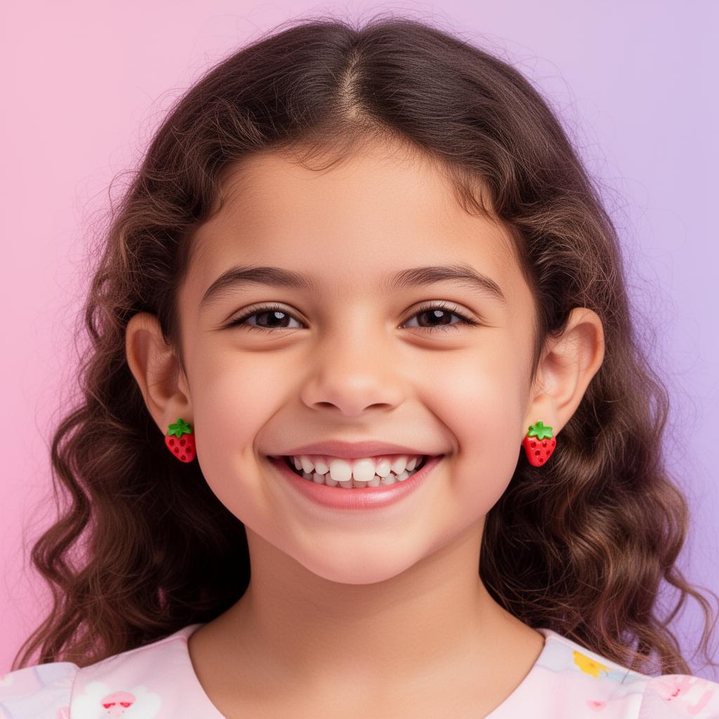 Menina sorrindo usando brincos kawaii